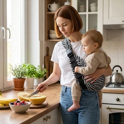 maman cuisine avec bébé porté avec porte bébé zébre