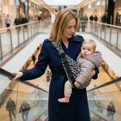 maman porte bébé avec porte bébé zèbre dans escalateur