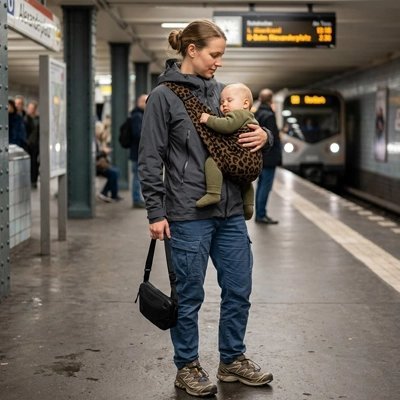 maman avec bébé dans  porte bébé station métro